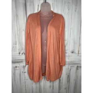 CHICOS PEACH RIBBED KNIT‎ OPEN FRONT 100% RAYON LIGHTWEIGHT CARDIGAN SWEATER L
